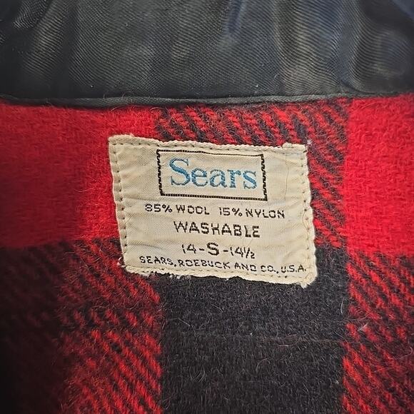Vtg Sears Roebuck Mens Wool Blend Buffalo Plaid Flannel Sz 14-S-14½ USA Made Red - Picture 3 of 6